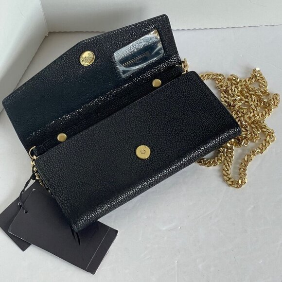 Brian Atwood Clutch Chain Wallet Small Black Leather Crossbody Gold Studded